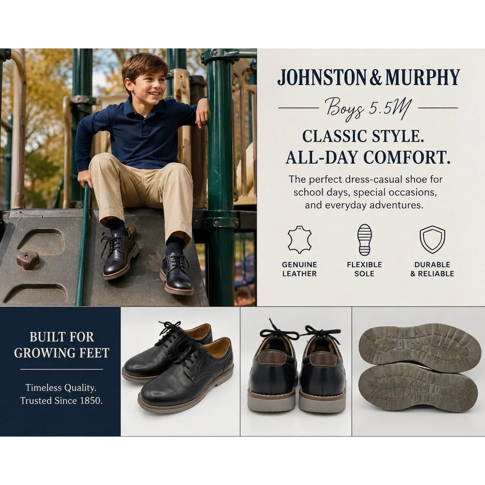 Johnston & Murphy Boys 5.5M Black Genuine Leather Oxford Derby Shoes Flex Sole